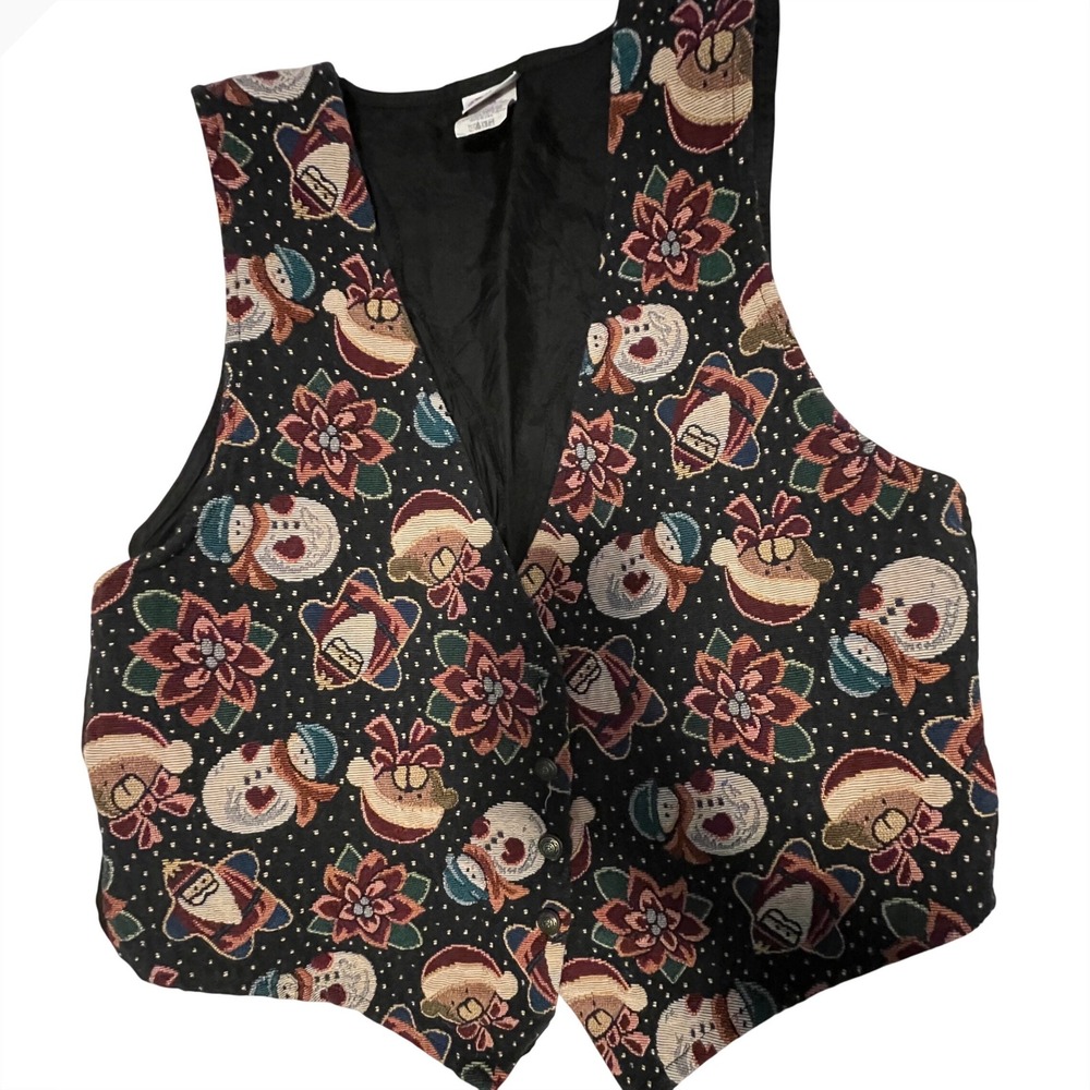 Holiday Time Women's Christmas Snowman Poinsettia Tapestry Vest Black vintage - Picture 1 of 7